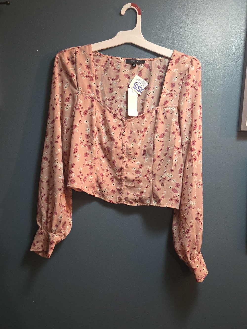 Love Tree Pink Floral Button-Up Sweetheart Blouse Cropped Large New